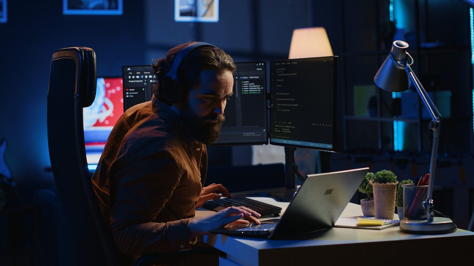 Fatigued developer working overnight at home, rubbing eyes while taking break